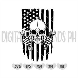 US Skull Mechanic Svg | Mechanic Logo | Patriotic Skull Svg | Skull Mechanic Svg | Wrenches Svg | Mechanic Skull Png | C
