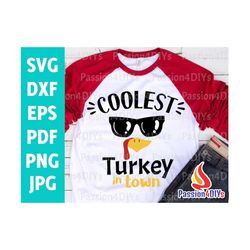 Coolest Turkey in Town Svg, Thanksgiving Svg, Boy Funny Turkey Face Shirt Design Svg Dxf Eps Png Newborn Baby Clipart Fi