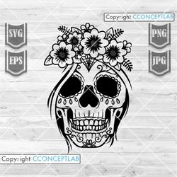 Floral Sugar Skull svg | Floral Woman Skull png | Halloween Shirt Cut File | Flower Catrina Stencil | La Muerta dxf | Se