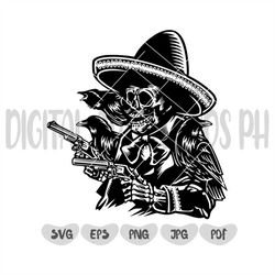 Mexican Skull Svg, Mexican Skull with Guns and Crows Svg, Mexican Day of the dead skull Svg, Skull with guns, Skull Svg,