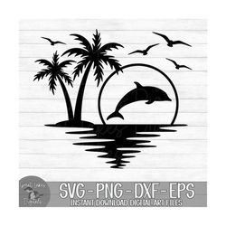 Dolphin Palm Tree Sunset - Instant Digital Download - svg, png, dxf, and eps files included! Vacation, Summer, Tropical,