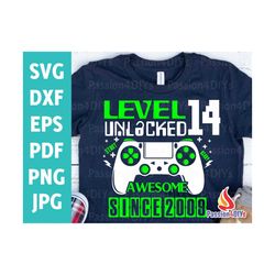Level 14 Unlocked svg / 14th Birthday Boy Gamer / 14 years Old Gamer Tshirt Video Game Controller Joystick Png Sublimati