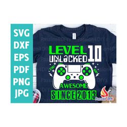 Level 10 Unlocked svg / 10th Birthday Boy Gamer / 10 years Old Gamer Tshirt Video Game Controller Joystick Png Sublimati