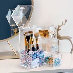 Clear Plastic Makeup Brush Storage Box with Cover Jewelry Earring Organizer Acrylic Makeup Organizer