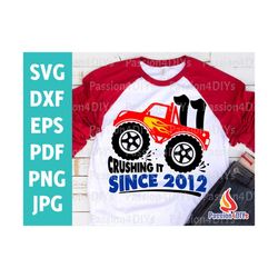 Monster Truck Birthday SVG, 11th Birthday Boy Svg, Truck Svg, Png, Dxf, Eps, Pdf, Awesome Since 2012 Shirt design, Cricu