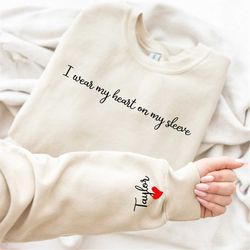I wear my heart on my sleeve sweatshirt,gift for mom, custom mama sweatshirt with kids name on sleeve, mother day gift f