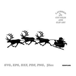 INSTANT Download. Christmas decoration. Santa sleigh silhouette svg cut file and clip art. Personal and commercial use.