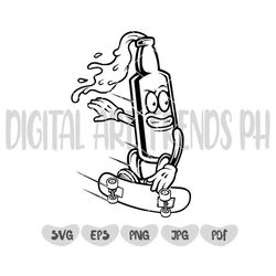 skating beer bottle svg, beer bottle on skateboard svg, funny cartoon clipart, skateboard clipart, skateboarding, skate