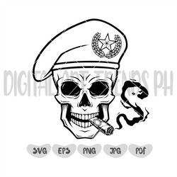 Skull with beret and cigar , Special Forces Skull Svg, Army Skull Svg, Cut files for Cricut, Clip Art silhouette, eps, s