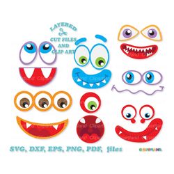INSTANT Download. 7 Monster faces layered svg cut files.  Personal and commercial use. Mf_31.
