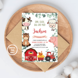 Personalized File Farm Birthday Invitation PNG File Only, Barn Animals Party Invite Png, Red Boy Barnyard Animals