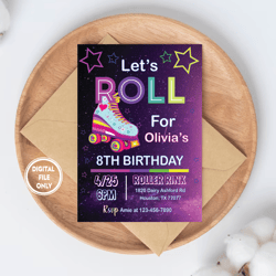 Personalized File Skate Party Birthday Invitation Png, Party Invitation Girl boy Roller Skating Png, Retro Neon Lights