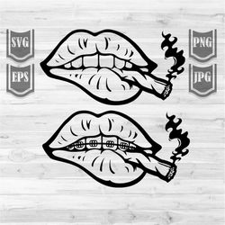 Sexy Lips Smoking Joint svg | Lips with Braces Clipart | Cannabis Cut File | Marijuana Stencil | Rolling Weed dxf | Rast