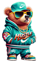 Gangster Bear, With hip hop shades, with white gold cuban link chane, with track suit with hustle hard on t-shirt