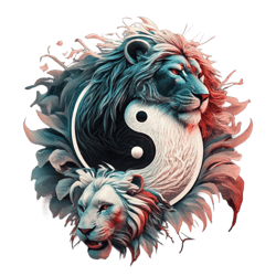 Ying yang sign made of a black lion head and white lion head