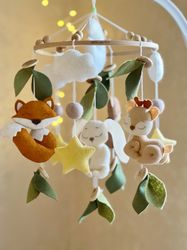 Woodland crib mobile with animals. Forest mobile felt. Baby shower gift