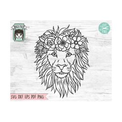 Lion SVG file, Lion with Flower Crown SVG, Lion cut file, Animal Face, Floral Crown, Lion with Flowers on Head, Cute Lio