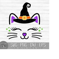 Halloween Cat Face - Instant Digital Download - svg, png, dxf, and eps files included! Cute, Witch Hat, Kitten, Girl