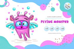 Cute cartoon flying monster. Fantasy clipart.