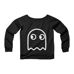 Pacman&8217s Ghost Round Video Game Ghost Vintage Old School CPY Womans Wide Neck Sweatshirt Sweater