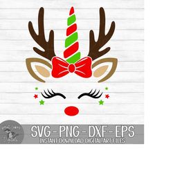Reindeer Unicorn - Instant Digital Download - svg, png, dxf, and eps files included! - Christmas, Girl, Bow, Face, Antle