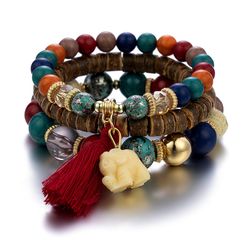 Ensemble de bracelets de perles en pierre boheme pour femme, pompon, breloque elephant, bracelet elastique
