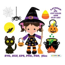 INSTANT Download. Cute Halloween witch girl svg cut file and clip art. Commercial license is included ! Wg_7.