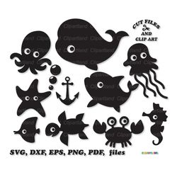 INSTANT Download. Cute sea animals silhouette  svg cut file and clip art. Commercial license is included up to 500 uses!