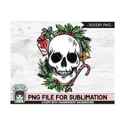 Christmas Skull SUBLIMATION design PNG, Christmas Skull png file, Christmas sublimation download, Skull with Holly, Cand