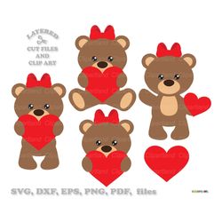 INSTANT Download. Valentine bear. Cute little brown bear girl cut file and clip art svg. Commercial license is included!