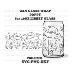 instant download. poppy can glass wrap template svg, png, dxf. pre-sized for libbey 16oz glass. pw_1.