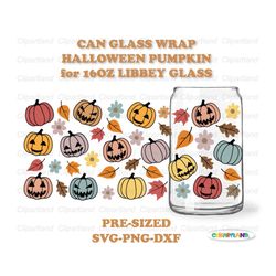 INSTANT Download. Cute Halloween pumpkin Libbey can glass wrap template svg, png, dxf. Pre-sized for Libbey 16oz glass.