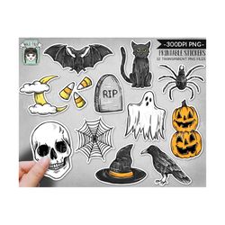 PRINTABLE Halloween Sticker files PNG file, Halloween Planner Stickers, Fall, Autumn, Halloween, Skull, Bat, Spider, Cat