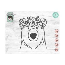 Bear Face SVG, Bear with Flower Crown SVG, Bear cut file, Animal Face, Floral Crown, Bear with Flowers on Head, Cute Bea