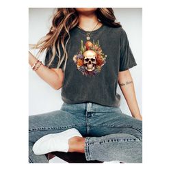 Bloom Skull Shirt, Halloween Tshirt, Floral Skull Boho, Womens Fall Shirt, Flower Skull Skeleton Crewneck, Skeleton Bloo