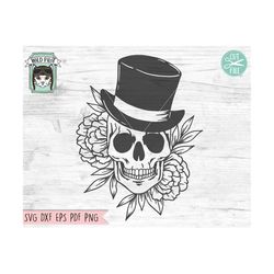 skull with top hat flowers svg file, floral skull with hat svg, skull cut file, tophat skull svg file, halloween, steamp