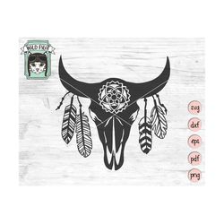 Cow Skull with Feathers SVG, Cow Skull svg file, Southwest svg, Boho svg, Feathers svg, Skull svg, longhorn skull svg, b