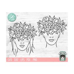 Womans face SVG file, Woman head svg, Female svg file, Woman cut file, Face Flower Crown, Womans Face with Flowers Line