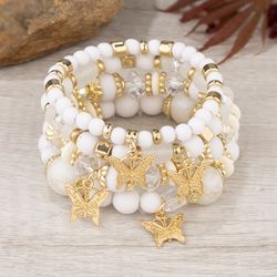 Ensemble de bracelets a breloques papillon boheme pour femme, perles acryliques blanche