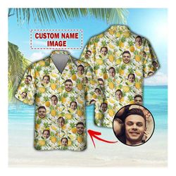 Personalized Upload Photo Hawaiian Shirt, Pineapple Custom Face Pets Son Mother Fathers Day Gift Shirt, Lover Gift 3D Ha