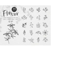 flower bundle svg, floral svg, wildflower svg, svg files for cricut, botanical svg, flower clipart, line drawing svg, Pn