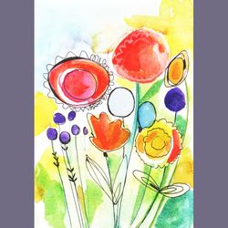 Watercolor and pen bright floral painting sketch. Watercolor sketching wildflowers printable instant download