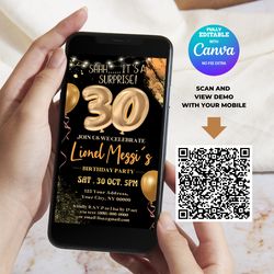 30th Birthday Invitation, Surprise Thirty Birthday Mobile Invitation Fully Editable with Canva