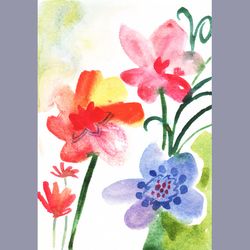 Watercolour floral painting sketching art print. Sketch pink blue wildflowers printable instant download
