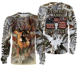 Deer Hunting US American Flag Snow Camo Live Free and Hunt Hard 3D All over Print Shirts, Hoodie -Gift Ideas For Hunters