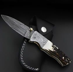 Hand Made Folding Knife , Marvelous Custom Made Damascus Steel Pocket Knife