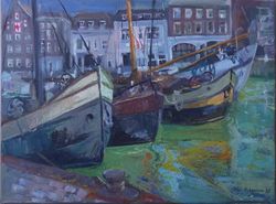 Old boats in a harbour oil painting, sailing painting, marina painting