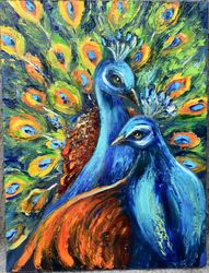 A pair of peacocks, birds painting, painting for interior.