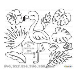 INSTANT Download. Cute flamingo and tropical plants svg, dxf cut files and clip art. Personal and commercial use is incl