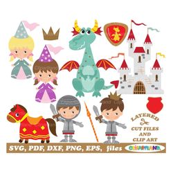 INSTANT Download. Cute medieval knight, princess and dragon svg cut file and clip art. Commercial license is included up